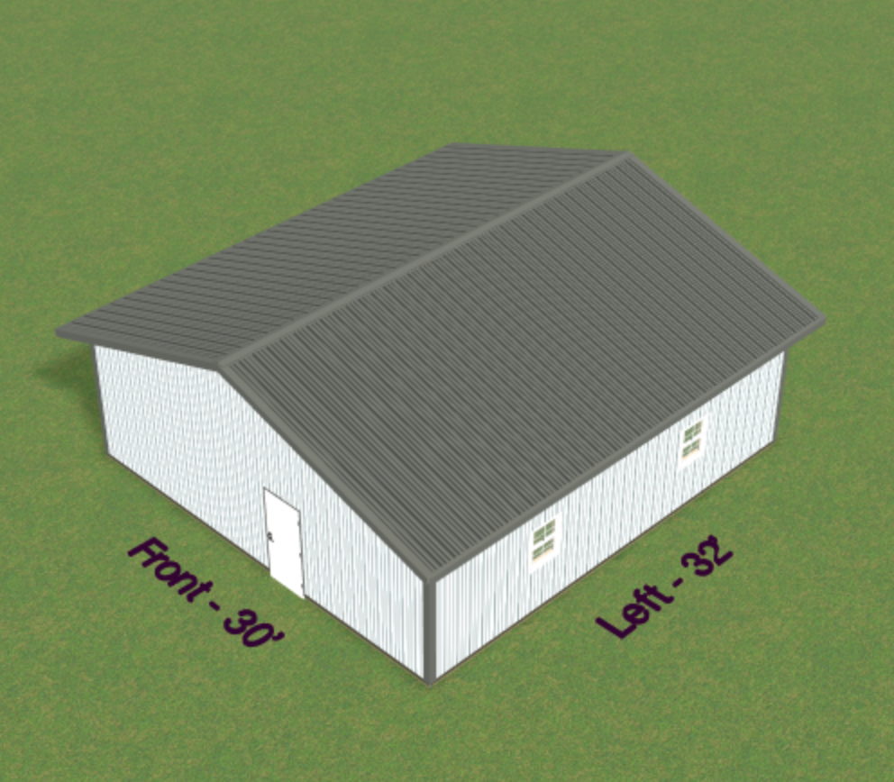 A 3D rendering of a simple white house with a grey roof, labeled with dimensions, set against a green background.